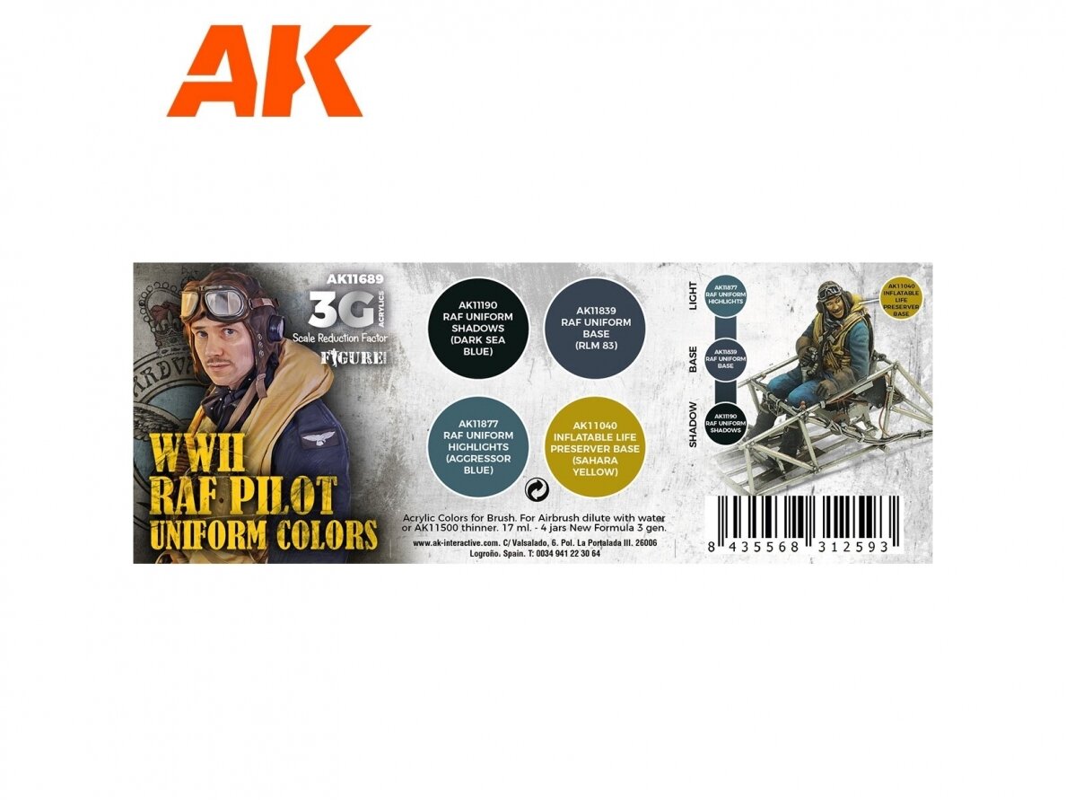 AK Interactive - WWII RAF Pilot Uniform Colors - 3rd generation - Akrils krāsu komplekts, AK11689 1 AK Interactive - WWII RAF Pilot Uniform Colors - 3rd generation - Akrils krāsu komplekts, AK11689 1