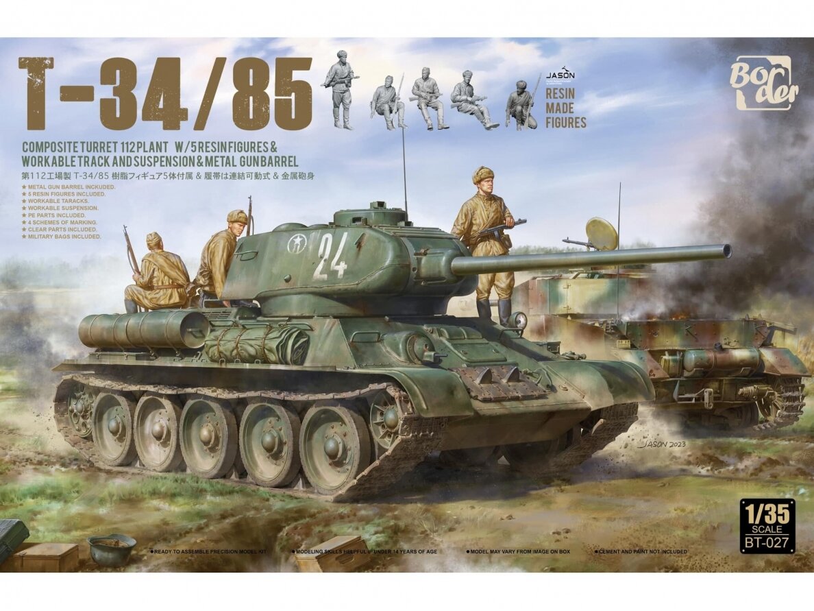 Border Model - T-34/85, Composite Turret, 112 Plant w/5 Resin Figures, Metal Gun Barrel, Workable Tracks, 1/35, BT-027 Border Model - T-34/85, Composite Turret, 112 Plant w/5 Resin Figures, Metal Gun Barrel, Workable Tracks, 1/35, BT-027