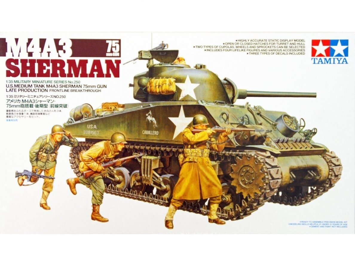Tamiya - U.S. Medium Tank M4A3 Sherman 75mm Gun, 1/35, 35250 Tamiya - U.S. Medium Tank M4A3 Sherman 75mm Gun, 1/35, 35250