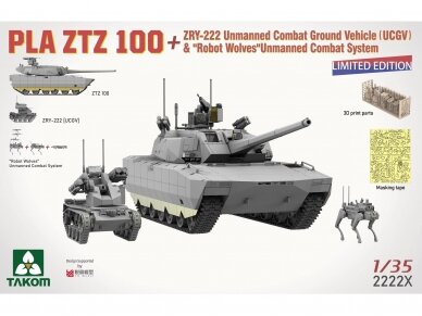 Takom - PLA ZTZ 100 w/ZRY-222 Unmanned Combat Ground Vehicle (UCGV) & "Robot Wolves" Combat System, 1/35, 2222X 1 Takom - PLA ZTZ 100 w/ZRY-222 Unmanned Combat Ground Vehicle (UCGV) & "Robot Wolves" Combat System, 1/35, 2222X 1